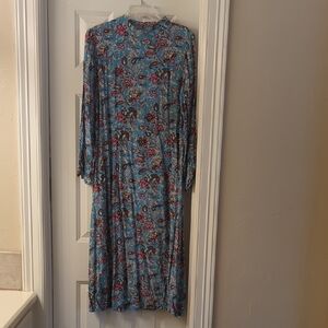 LOFT Teal Blue Floral Maxi Dress with Pink Accents